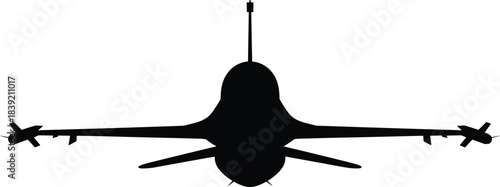 Military jet silhouette, fighter aircraft, front view, missile configuration, tactical plane, aviation power, air force, vector illustration