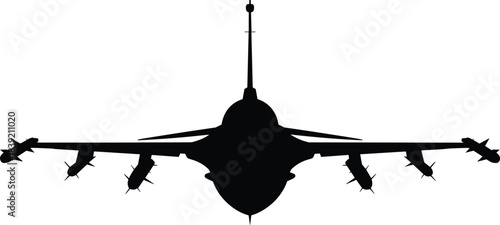 Military jet silhouette, fighter aircraft, front view, missile loadout, combat plane, aviation power, air force, vector illustration