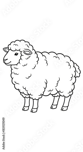 Simple black and white art drawing of a fluffy sheep in cartoon style, perfect for a coloring page or kids' craft