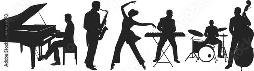 Musical ensemble silhouette, live performance, piano, saxophone, dancer, keyboard, drums, double bass, stage art, entertainment, vector illustration