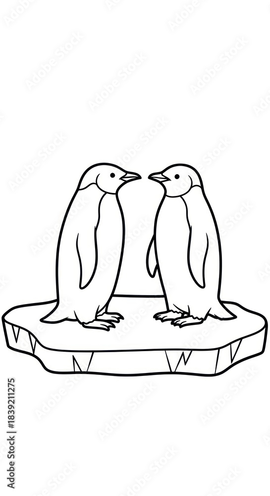 Fototapeta premium Two cute cartoon penguins standing on an ice floe - black and white art illustration for kids coloring page