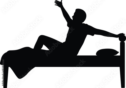 Waking up silhouette, morning stretch, bed posture, blanket figure, pillow scene, sleep transition, rise and shine, vector up silhouette, morning stretch, bed posture, bltion