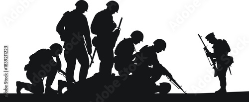Soldier tribute silhouette, military reflection, rifle posture, mourning scene, battlefield honor, remembrance, respect, unity, war memory, vector illustration