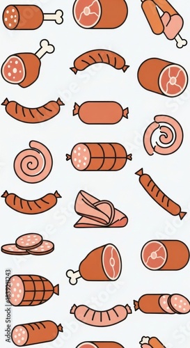 Cartoon meat and sausage illustrations: flat design icons of meats, frankfurters, salami, and ham on white background