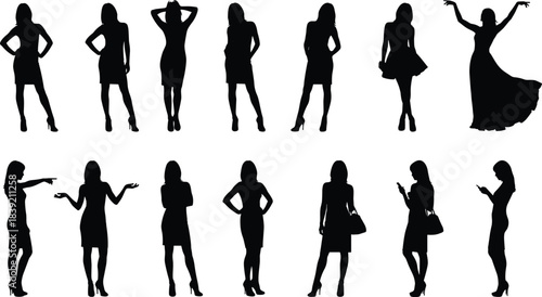 Woman silhouette, fashion pose, stylish gesture, dress and heels, handbag icon, expressive stance, body language, elegance, vector illustration