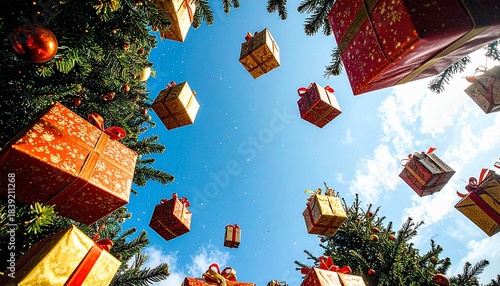 空に舞うギフトボックスの躍動的イメージ