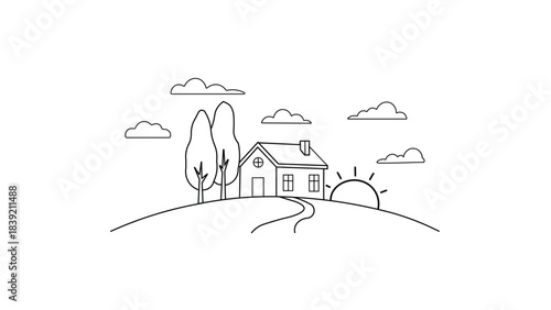 Outline drawing of a small country house situated on a hill with trees and sun.