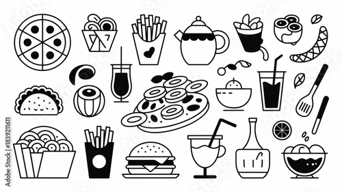 Collection of doodle icons featuring various popular fast food and drink items perfect for a menu or food advertisement.