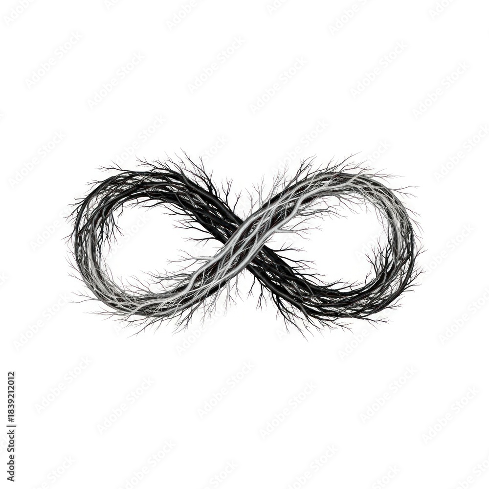 Obraz premium Infinity symbol made of intertwined bare tree branches with contrasting black and white tones on a white background