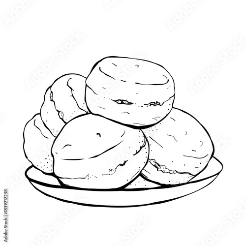 Hand drawn plate of English scones classic bakery pastry for afternoon tea cafe menu packaging and vintage kitchen decor