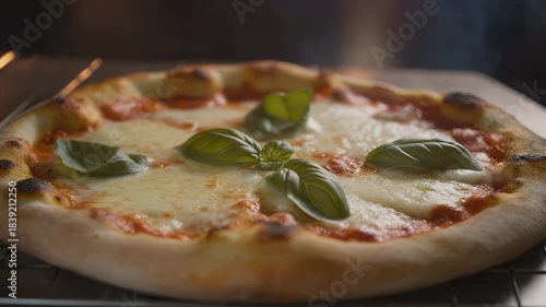 Delicious Neapolitan Pizza Margherita Freshly Baked with Melting Mozzarella and Basil Leaves.