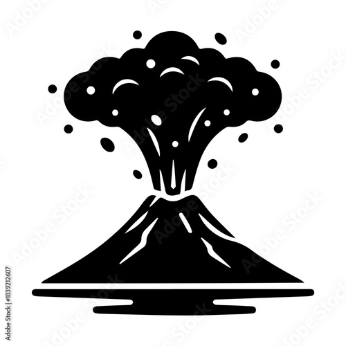 Black silhouette icon of a volcano erupting, showing a large cloud of ash, smoke, and debris. Ideal for natural disaster warnings, risk, and geological concepts.