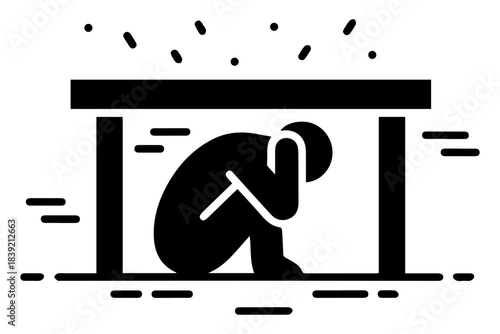 Black silhouette icon showing a person ducking and taking cover under a table during an earthquake, symbolizing the "Drop, Cover, and Hold On" safety procedure.