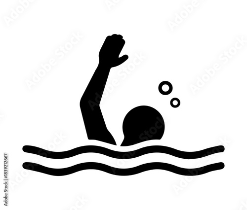 A flat black silhouette icon depicting a person drowning in water, raising an arm for help, with air bubbles. Used for warning signs, safety, emergency, and swimming hazards.