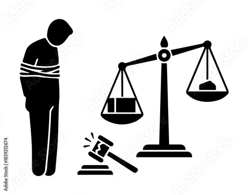 Black silhouette icon symbolizing legal injustice, corruption, and an unfair system. Features a tied person and a tilted scale of justice weighed down by money or power.