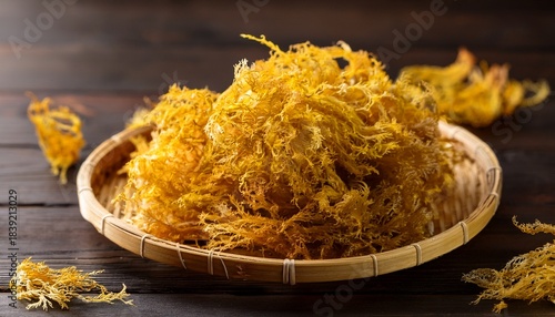 Dryed Yellow Seaweed Irish Moss Chondrus Crispus Close Up On Dark Wooden Table Vegan Superfood