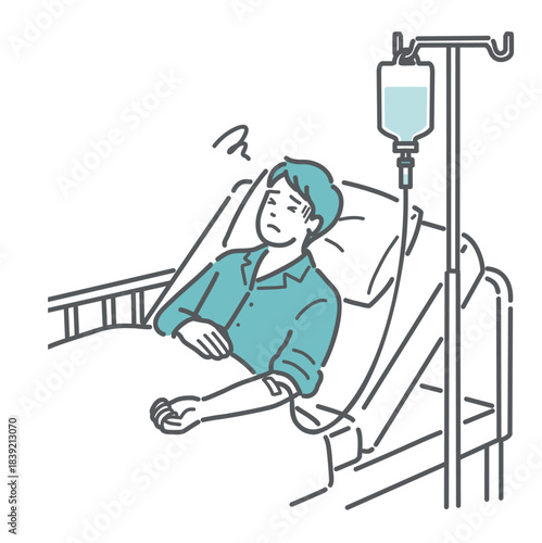 点滴中に気分が悪そうな男性患者のイラスト（副作用・体調不良）