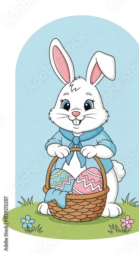 Cute white easter bunny holding a basket of decorated eggs on green grass with flowers, cartoon style