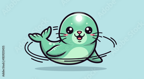 Cute cartoon seal swimming with a happy expression and waving its flipper.