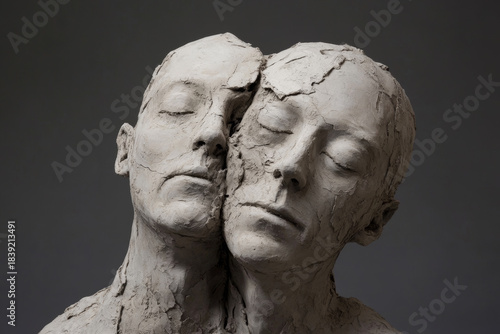 Conceptual image of two clay sculpture figures pulling away from each other, showing fragments and cracks at their connection point, representing psychological separation.