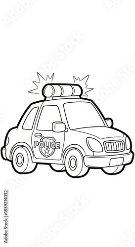 Cartoon police car art coloring page with siren lights and badge on white background