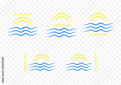 Set of simple vector icons with the sun, waves, and the inscription "Summer Time". Stylized symbols of summer vacation and tourist travel on a transparent background. Eps 10