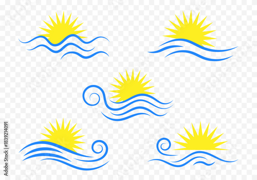 Collection of stylized symbols of a seascape. Set of five vector icons. Eps 10