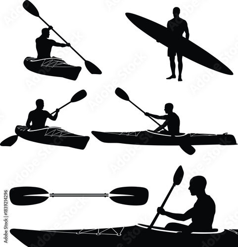 Kayaking and Paddleboarding Silhouettes Collection illustrator vector