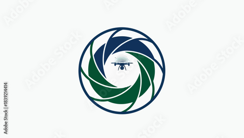 Vector illustration of drone technology in blue and green camera aperture circle.