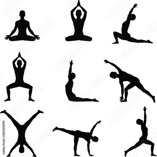 Nine black yoga pose silhouettes on white background illustrator vector