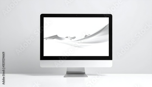 Computer screen displaying a flowing white abstract shape on a white background