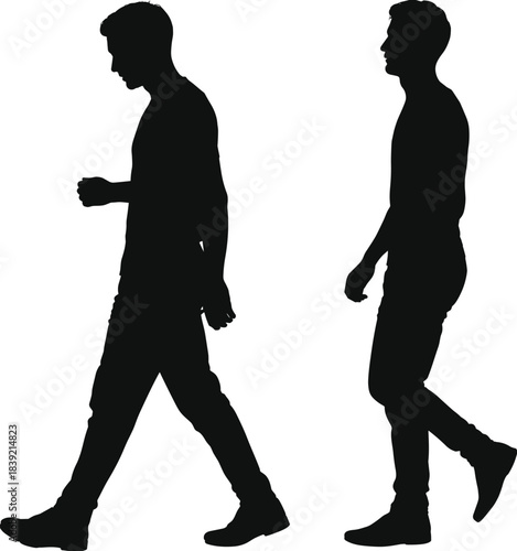 Two men walking silhouettes black on white male person