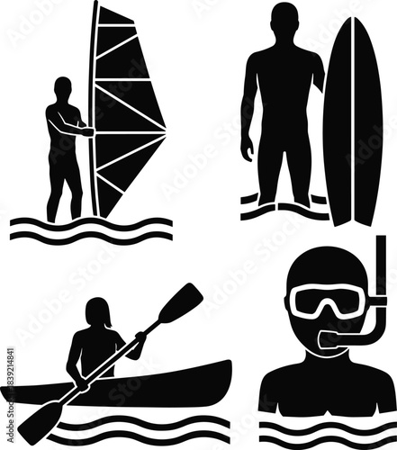 Water sports icons windsurfing surfing kayaking snorkeling