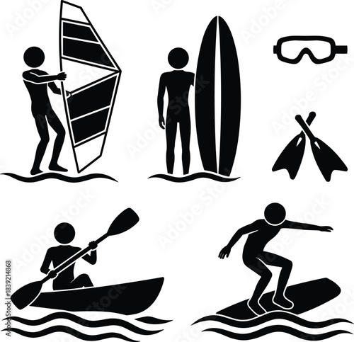 Water sports icons windsurfing surfing kayaking snorkeling
