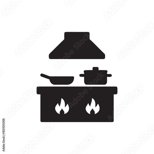 Restaurant kitchen stove with ventilation hood frying pan and cooking pot black and white vector icon