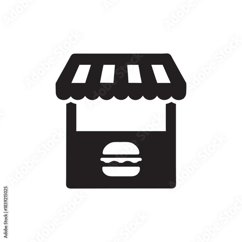 Black and white burger restaurant storefront icon vector illustration for fast food cafe and takeaway