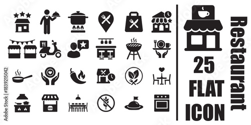 Restaurant service and street food black flat icon set with waiter delivery scooter rating grill vegan and gluten free symbols 