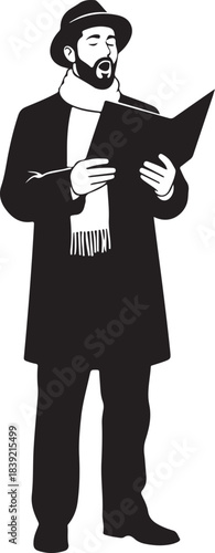 Man in coat and hat reading from a paper bearded scarf