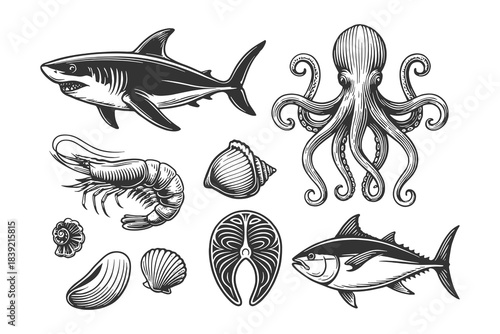 Detailed Seafood Icon Set Featuring Fish, Octopus, Shells, and Marine Elements in Monochrome Vector Style, Ideal for Restaurant Branding and Culinary Design Projects