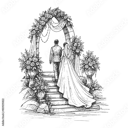 Wedding Couple Under Floral Arch in Elegant Black and White Line Art Vector, Perfect for Invitations, Ceremony Themes, and Bridal Design Projects