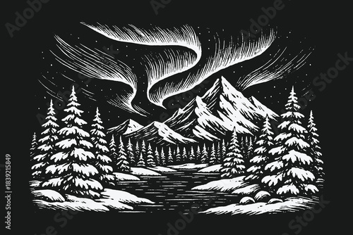 Dramatic Northern Lights Landscape in Engraved Vintage Black and White Vector Style, Ideal for Nature Posters, Adventure Themes, and Scenic Outdoor Design