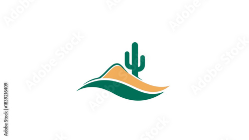 Vector illustration of desert landscape with green cactus on a sandy hill icon