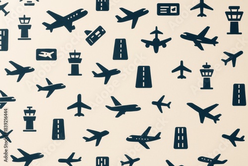 Seamless pattern of airplane icons, airport towers, and runways on light background for creative aviation-themed design and travel backgrounds. Ai generative