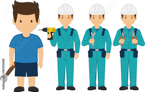 Collection of Flat Vector Characters Showing a Male Mechanic or Construction Worker in Overalls and Hard Hat Holding Tools Like a Wrench Drill and Pliers
