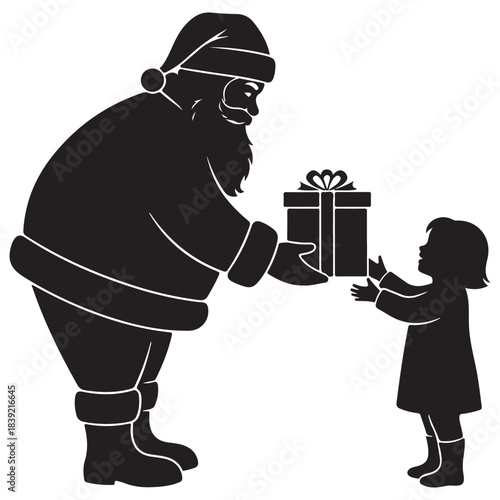 Santa Claus giving a gift to a little girl present black silhouette