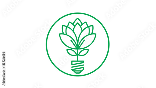 Line art vector illustration of a lightbulb with a lotus flower in green circle