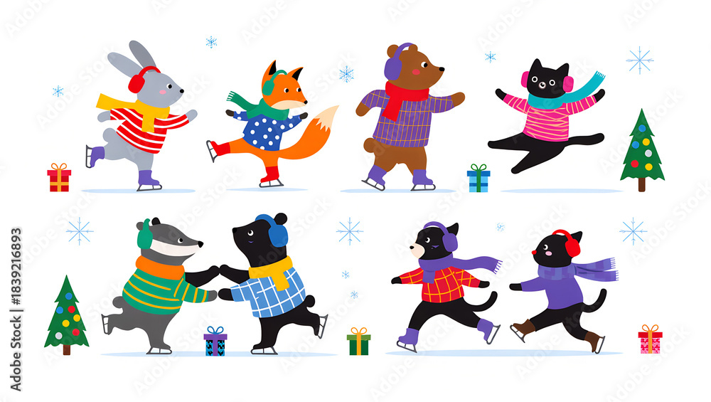 Fototapeta premium Colorful animals ice skating and celebrating winter holidays together 