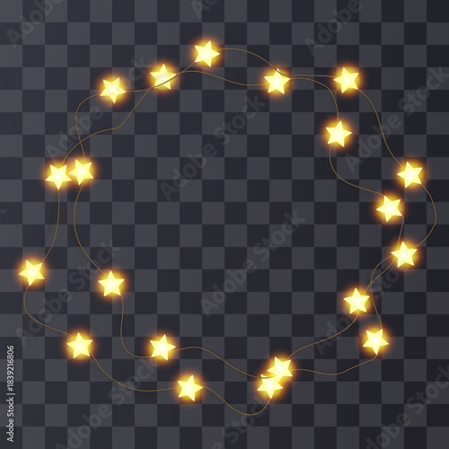 Light string Xmas frame, star bulb fairy garland. Merry chirstmas glitter wreath png, festoon ball vector decor. Christmas 3d warm shine isolated, noel lamp line element, gold bokeh wedding decoration