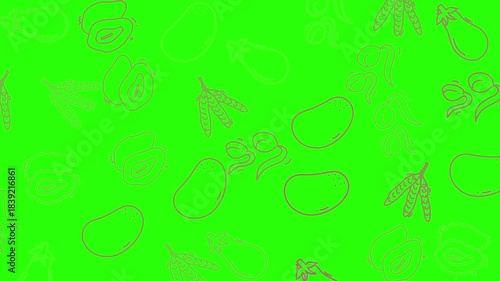 Vegetable pattern with avocados, potatoes, sprouts, eggplants, and pea pods on a green background. Suitable for food blogs and menus.