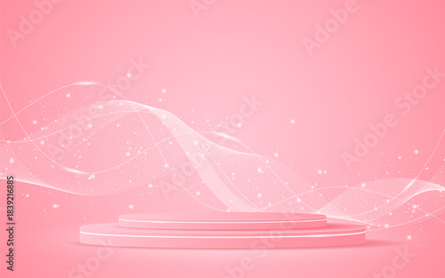 Pink podium with elegant white wave lines on the back for product presentation. Display of cosmetic products. Stage or podium. vector illustration.	
